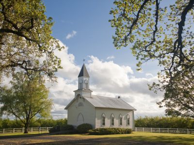 Old clapboard white rural church in Willamette Valley, Oregon, Oak Grove